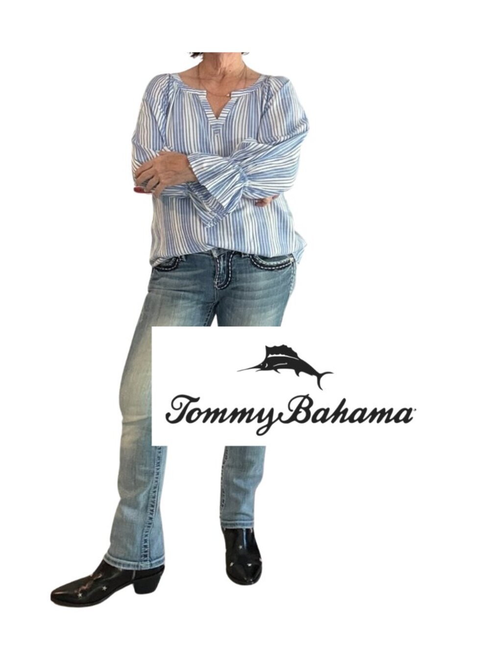 Tommy Bahama Montauk Classic Blue Striped V Neck Blouse - Size M